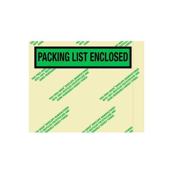 Box Packaging Panel Face Envelopes, "Packing List Enclosed" Print, 5-1/2"L x 7"W, Green, 1000/Pack PQGREEN19 - main